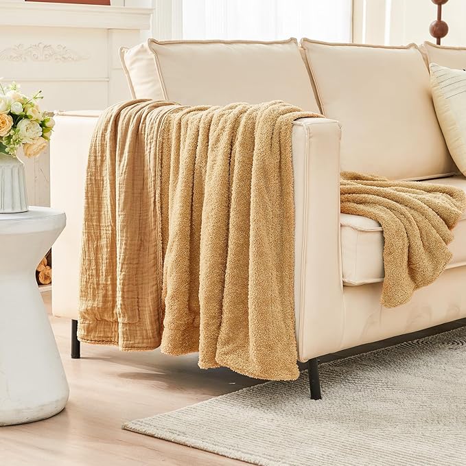 EMME Muslin and Fleece Queen Blanket Reversible - 80"*90" Beige Soft Warm Throw Blankets for Couch Bed Picnic Travel Bed