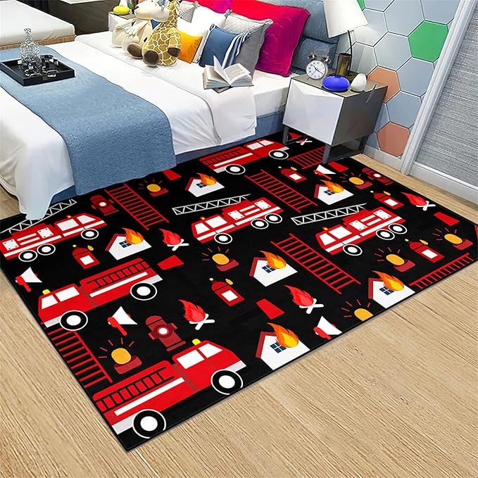 Car Play Rug Fire Fighting Truck Area Rug Car Rug Play Mat Kids Rugs for Playroomcar Rug for Boys Room Carpet Floor Mat for Bedroom Living Room,Black 3'×4'