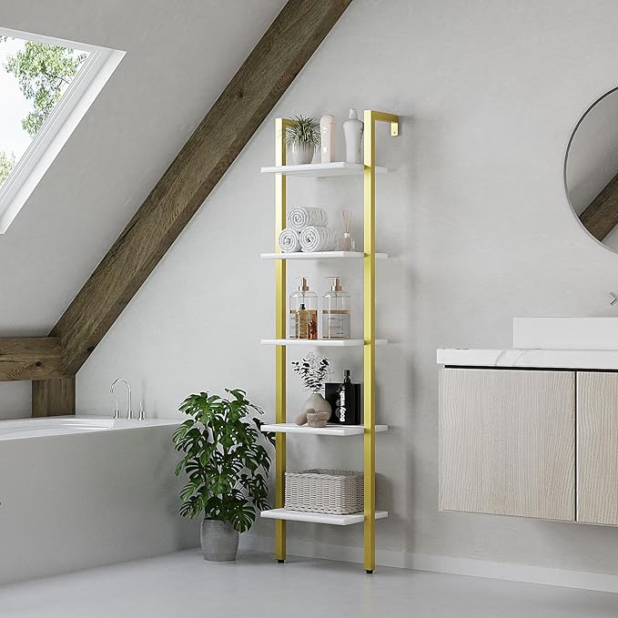 YMYNY 5 Tiers Ladder Bookcase, Industrial Wall Mounted Bookshelf, Open Display Rack with Metal Frame, Wooden Storage Shelves for Bedroom, Home Office, Living Room, White+Gold, 70*17.3*11.8"UHBC015W