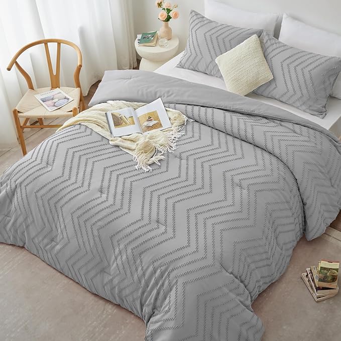 CozyLux Full Size Comforter Set Light Grey - 3 Pieces Boho Tufted Shabby Chic Bedding Comforter Set for All Seasons, Chevron Bedding Sets with Comforter & 2 Pillow Shams