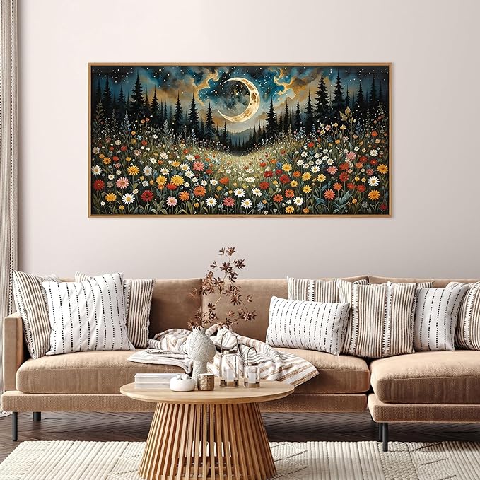 HPINUB Wildflower Moon Pine Tree Framed Canvas Wall Art Set,Nature Forest Wall Decor,Mystical Starry Night Artwork Rustic Mountain Landscape Art Print for Living Room,Bedroom,Office-20 x40