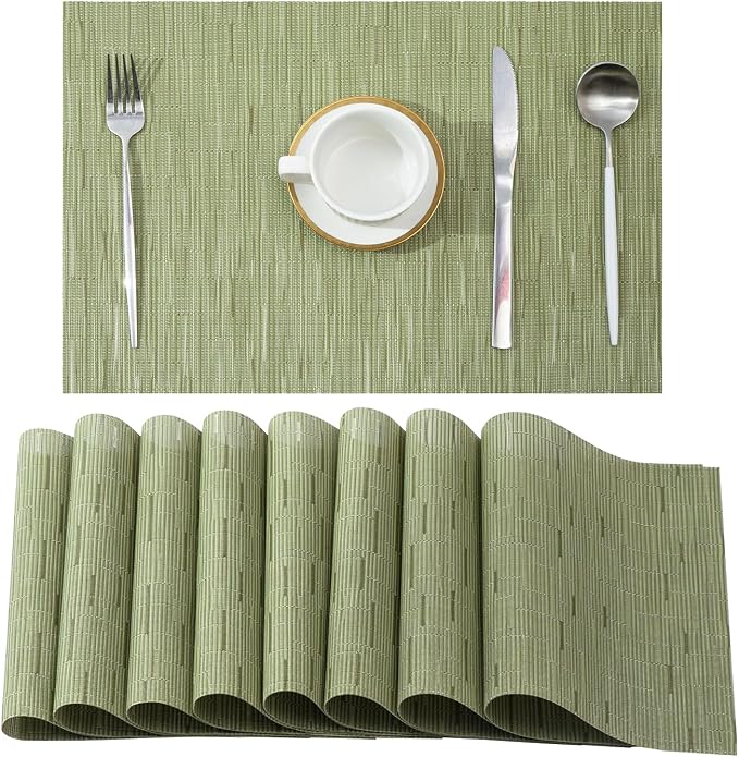 Leetaltree Pea Green Placemats Set of 8 - Heat Resistant Non-Slip Place mats for Dining Table, Washable Durable PVC Vinyl Woven Table Mats（Pea Green, 8）