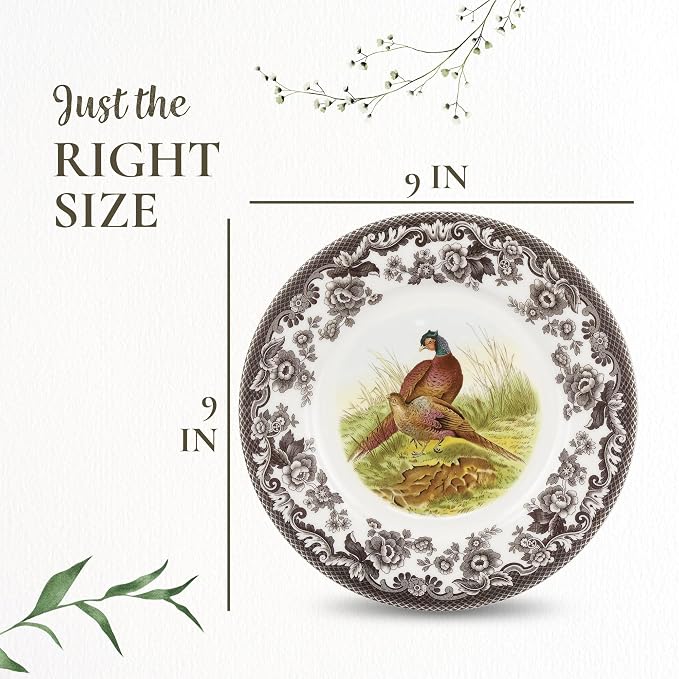 Spode Woodland Pheasant Luncheon Plate - 9" Fine Earthenware Plate with British Flowers Border, Rustic Game Bird Design - Dishwasher, Microwave, Oven & Freezer Safe - Made in England (Pack of 2)