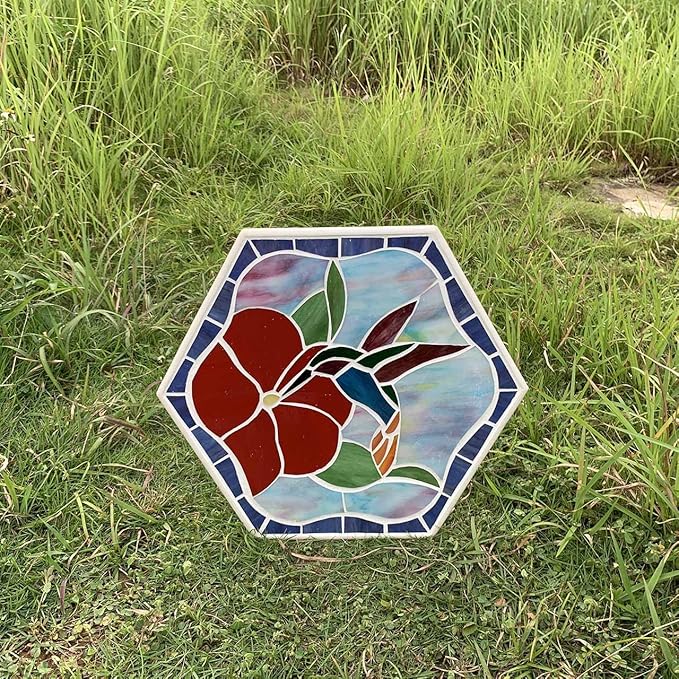 Bieye MSS003 Tiffany Style Stained Glass Mosaic Decorative Stepping Stone for Garden Decor (13" Hexagonal, Hummingbird)