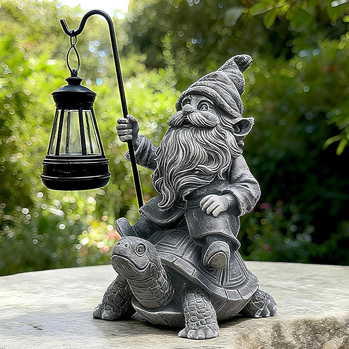 Garden Gnome Statue Riding Turtle - Garden Gnomes Decorations with Solar LED Lights, 7.9" Outdoor Resin Figurine Ornament for Patio, Yard, Funny Lawn Decor (Gray)