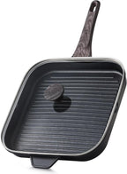 SENSARTE Nonstick Grill Pan with Lid, Grill Pan for Stove Tops, Versatile Griddle with Pour Spouts, Square Big Cooking Surface, Durable Skillet Indoor & Outdoor Grilling. PFOA Free