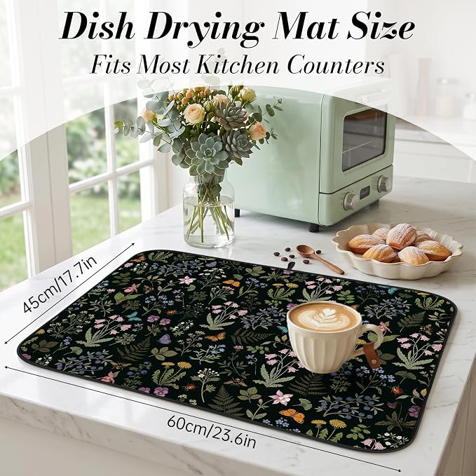 Forest Aesthetics Dish Drying Mat for Kitchen Counter Coffee Bar 18x24 in | Decorative Non Slip Absorbent Kitchen Dishes Drainer Mat, with Anti-slip Rubber Backing & Hanging Loop, for Sink, Home Gift