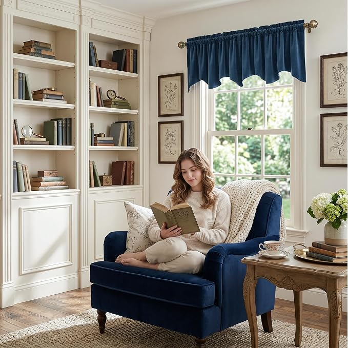 Navy Blue Valance for Windows Scalloped 52x18 Inch 1 Panel | Kitchen Valance Curtains for Small Windows, Classic Rod Pocket Window Drapes for Dining Room, Bathroom, Basement