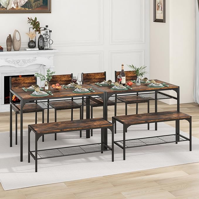 Giantex Dining Table Set for 4, Kitchen Table with Chairs & Bench, Storage Racks, Metal Frame, 4-Piece Space-Saving Dinette Set for Dining Room, Breakfast Nook, Small Space, Apartment,Rustic Brown