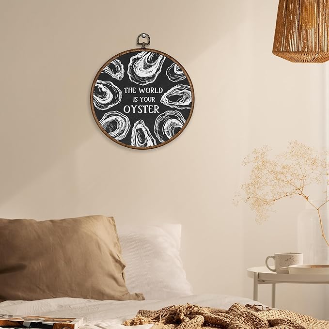 XBBMGG Black Vintage Oyster Wall Art Decor, Beach Nautical Round Wall Hanging Decor, Retro Ocean The World Is Your Oyster Framed Canvas Prints for Home Bedroom Living Room Decorations, 10x10inch