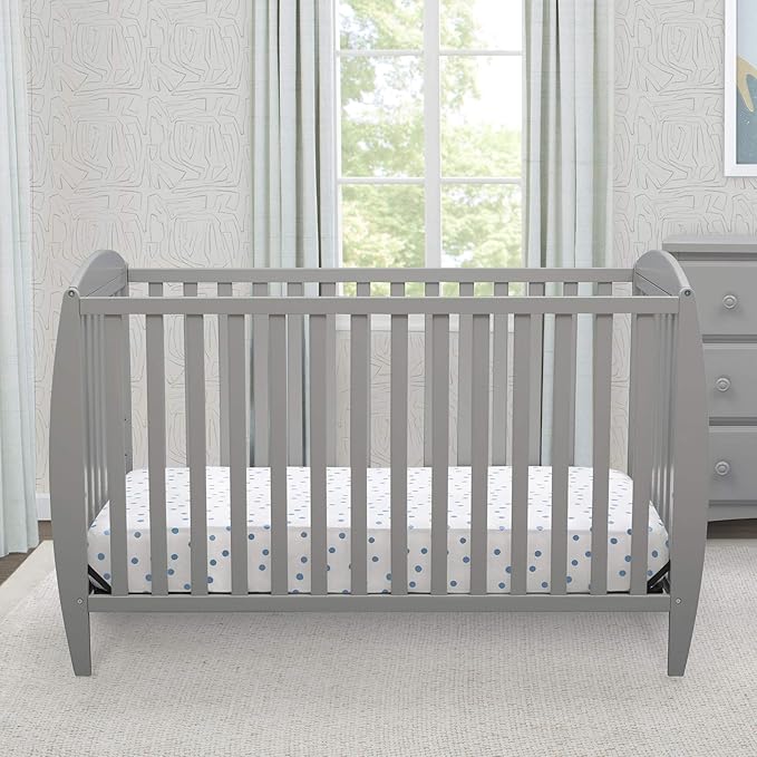 Delta Children Twinkle 4-in-1 Convertible Baby Crib, Sustainable New Zealand Wood, Grey and Delta Children Twinkle Galaxy Dual Sided Recycled Fiber Core Crib and Toddler Mattress (Bundle)