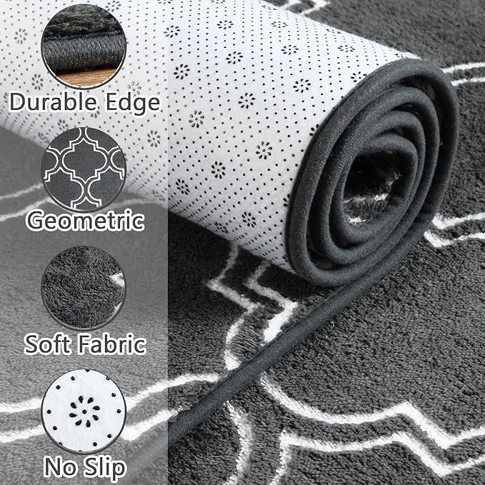 Chicrug Shag Geometric Modern Area Rug for Bedroom, 4x6 Feet Memory Foam Indoor Carpet, Fluffy Rug for Living room Bedside Room Decor for Family Girls Kids Nursery Play Mat, Dark Grey/White