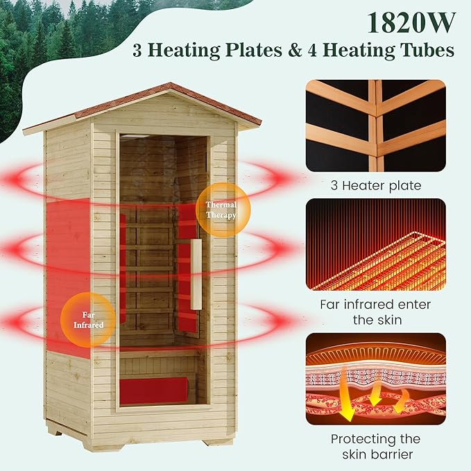 1 Person Outdoor Infrared Sauna - 3D Fast Heating Home Spa Sauna w/Chromotherapy Light, Wooden Sauna Room Kit w/Bluetooth Speaker (CE Certified,110V)