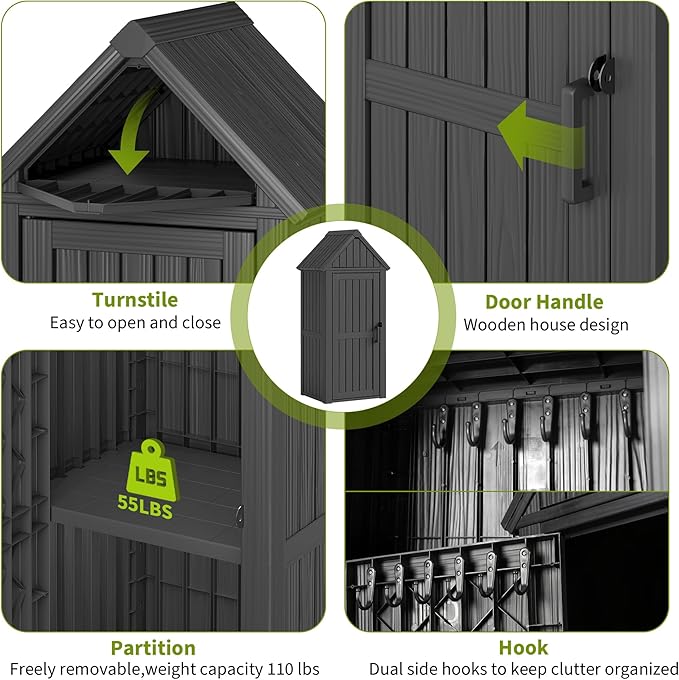 Outdoor Storage Shed – Durable Resin with Sloping Roof and Lockable Door, Waterproof Storage Cabinet with Ample Space, Multiple Hooks for Backyard, Garden, Patio & Lawn Black