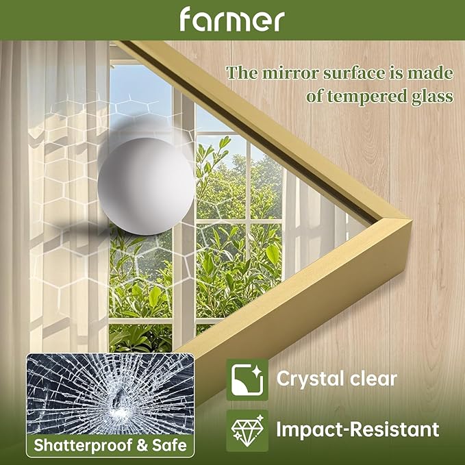 FARMER 24x32 Inch Gold Bathroom Mirror, Rectangle Wall Mounted Mirror, Vanity Mirror, Brushed Square Mirror, Framed Bathroom Mirror for Bedrooms, Entryways, Living Rooms, Horizontal/Vertical