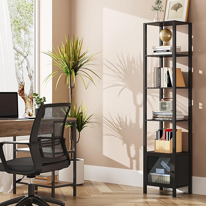 TUTOTAK 6 Tier Bookcase and Bookshelf, Narrow Book shelf with Door for Small Space, for Living Room, Office, Study, Entryway, Black BS03BK006