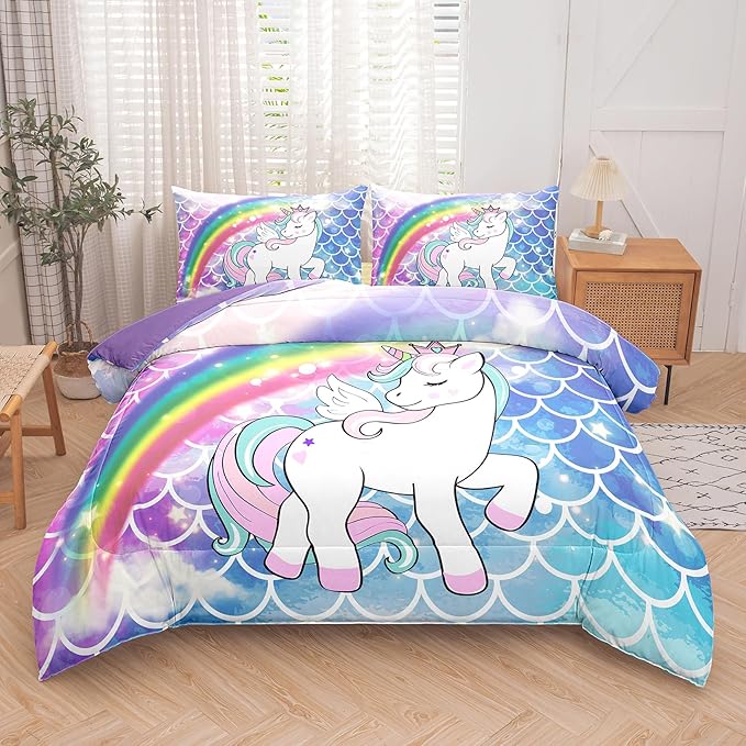 Tailor Shop Unicorn Girls Comforter Sets Full Size,Blue Unicorn Bedding Sets for Kids Teens with 2 Pillowcase……