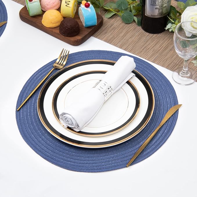SHACOS Round Placemats Set of 6 Washable 15 inch Round Table Mats Cotton Polyester Woven Braided Place Mats for Dining Table (Sail Blue, 6)