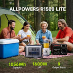 ALLPOWERS R1500 LITE 1600W/1056Wh & 3500+ Cycle LiFePO4 Battery with 4xAC Outlets, 650W MPPT, and UPS <15ms for Home, RV, Outdoor. (R1500 LITE+SP037-400W)