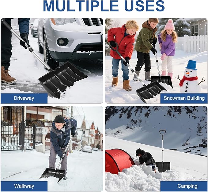 Ergonomic Large Snow Shovel for Driveway: 48-Inch Dual-Lock Knob Anti-Wobble Handle, 16" Plastic Blade w/Metal Edge, Ultra-Light 1.9 lb, Portable Aluminum Shaft, Car, Camping & Emergency, Black