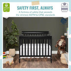 Aden 4-in-1 Convertible Mini Crib In Black, Greenguard Gold Certified, Non-Toxic Finish, New Zealand Pinewood, With 3 Mattress Height Settings