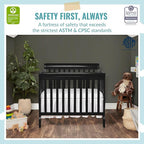 Aden 4-in-1 Convertible Mini Crib in Black, Greenguard Gold Certified, Non-Toxic Finish & Sunset 3” Extra Firm Fiber Crib Mattress, Greenguard Gold Certified