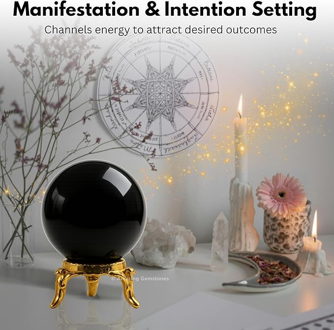 Amazing Gemstone Black Obsidian Crystal Ball with Stand - 2" Inches Crystal Sphere Meditation Balls for Witchcraft and Decorative Balls