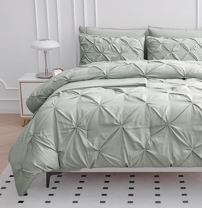LANE LINEN Twin Comforter Set, 5 Piece Twin Bedding Sets, Ultra Soft Pintuck Twin Bed in a Bag Set with Down Alternative Comforter, Sheets, Pillowcase & Sham, Pinch Pleated Kids Bedding Set - Mineral