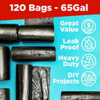 ToughBag 65 Gallon Trash Bags (120 Count) – 50x48" Large Black Garbage Can Liners – Made in USA