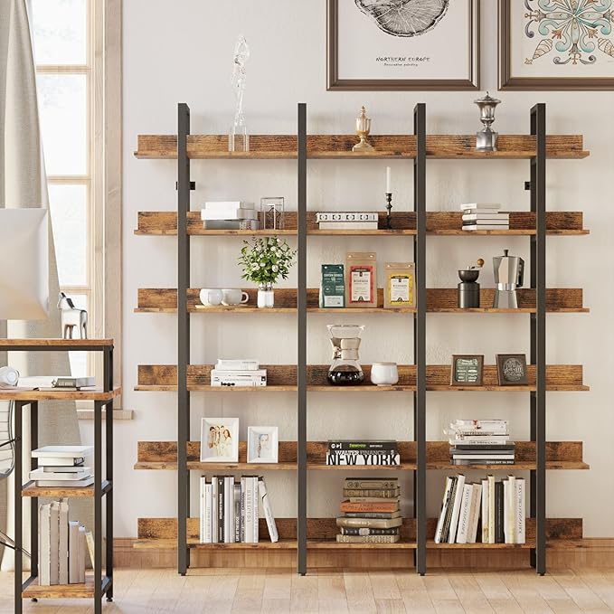 IRONCK Bookcase and Bookshelves Triple Wide 6-Tiers Large Open Shelves, Etagere Bookcases with Back Fence for Home Office Decor, Easy Assembly, Vintage Brown