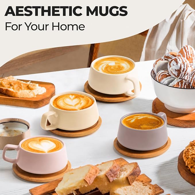 MIAMIO - Cappuccino Cup Set of 4, Ceramic, Wide (9.5oz) - Luxe (Cream Rose) | Ceramic cappuccino cups and saucers, wide latte cups and mugs for Americano, 4-piece set of ceramic cups, dishwasher safe