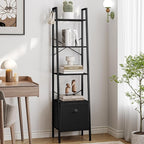 Narrow Bookshelf Bookcase with Drawer, Ladder Shelf with 2 Hooks, Bookshelves Storage Organizer, Freestanding Display Standing for Home Office, Bedroom, 5 Tier Black BC19504B