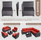 Patio Furniture Set Sofa 6-Piece Wicker PE Rattan Sectional Sofa Set, Outdoor Furniture Patio Conversation Set with Glass Coffee Table and Cushions, Red