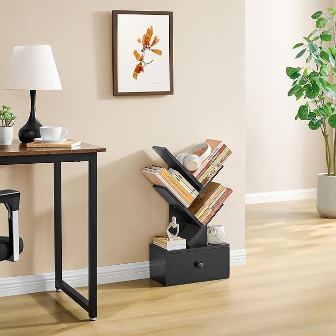 4 Tier Tree Bookshelf with Drawer, Small Tree Bookcase, Modern Table Top Book Shelf Organizer Shelves for Living Room, Bedroom, Home Office, Black