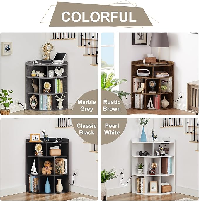 Vecelo Corner Cabinet with Charging Station, 3-Tier Cube Storage Organizer with USB Ports and Outlets, Triangle Bookcases with 8 Cubbies for Playroom, Bedroom, Living Room, Grey