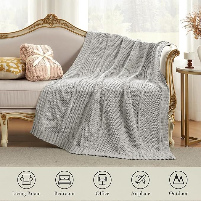 Amélie Home Chenille Knit Throw Blanket for Couch, Chevron Texture Decorative Soft Blanket for Sofa, Bed & Chair, 60"x80", Light Grey