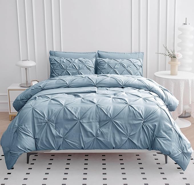 LANE LINEN Comforters Queen Size, 7 Piece Queen Comforter Set, Soft Queen Size Comforter Sets, Pintuck Queen Bed Set, Fluffy Comforters Queen Size Set with Sheets, Pillowcases & Shams - French Blue
