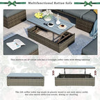 5 Pieces Outdoor Patio Sectional Sofa Couch, PE Wicker Furniture Conversation Sets with Adustable Backrest & Washable Cushions & Ottomans & Glass Coffee Table for Garden, Poolside, Backyard