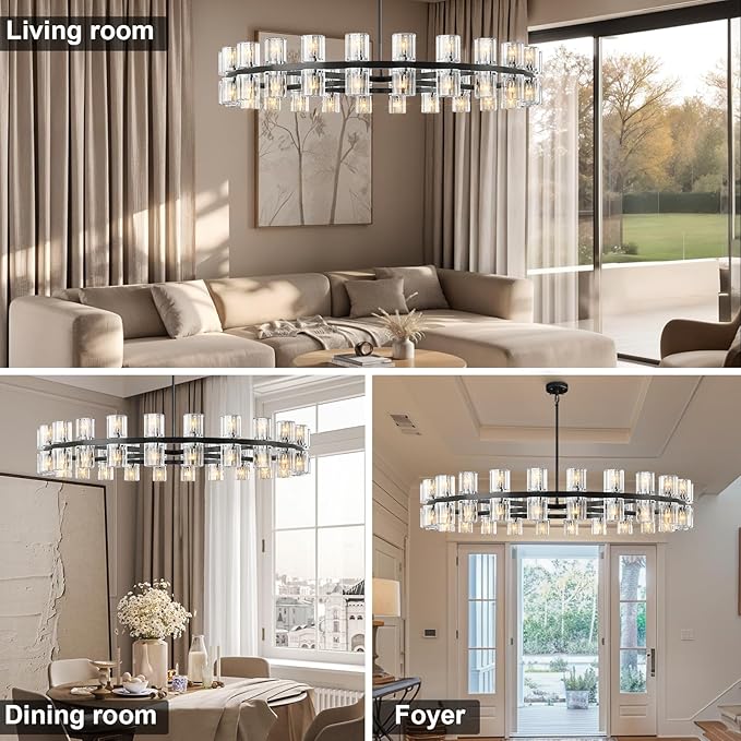 Modern 48 in Black Round Chandelier Light Fixture, Crystal Chandeliers for Dining Room, Living Room, Wagon Wheel Chandelier Over Table Chandeliers for Bedroom,Foyer,Includes 48xG4 Bulbs