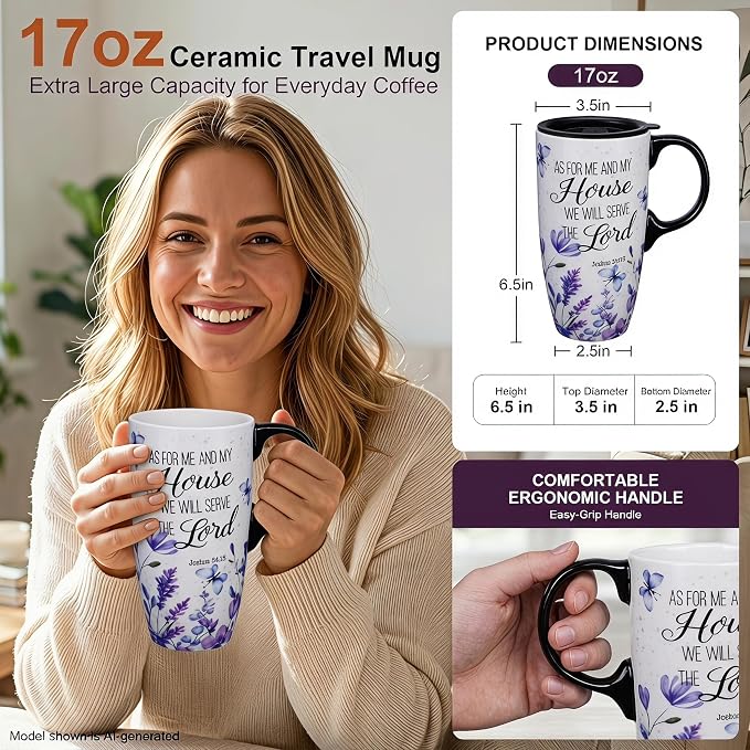Topadorn 17oz Ceramic Travel Mug with Lid, Christian Floral Coffee Mug | Christian Coffee Mug with Handle, Joshua 24:15 Floral Design, Splash-Resistant Lid, Microwave & Dishwasher Safe, Gift Box