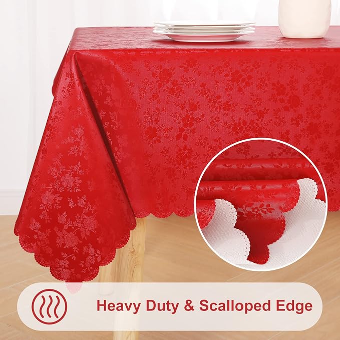 Smiry Rectangle Waterproof Heavy Duty Vinyl Tablecloths, 70 x 108 Inch | Wipeable Washable Floral Embossed Table Cover for Kitchen and Dining Room, Indoor & Outdoor Use, Red