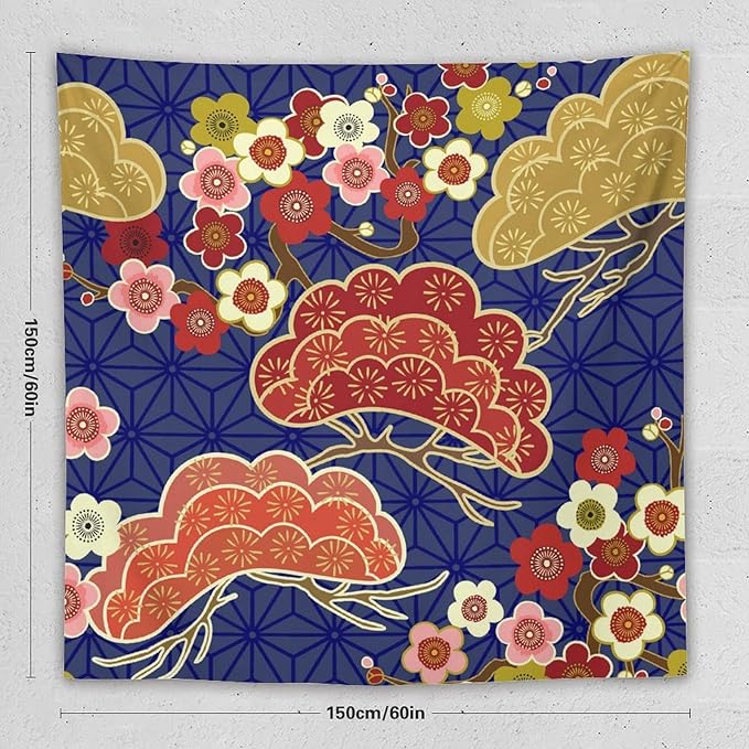 HZOHNAGO Japanese Tapestry Art Abstract Colorful Cherry Blossom Blue Background Pattern Printed Wall Tapestry Painting Wall Hanging for Bedroom Living Room Dorm 60" W x 60" H