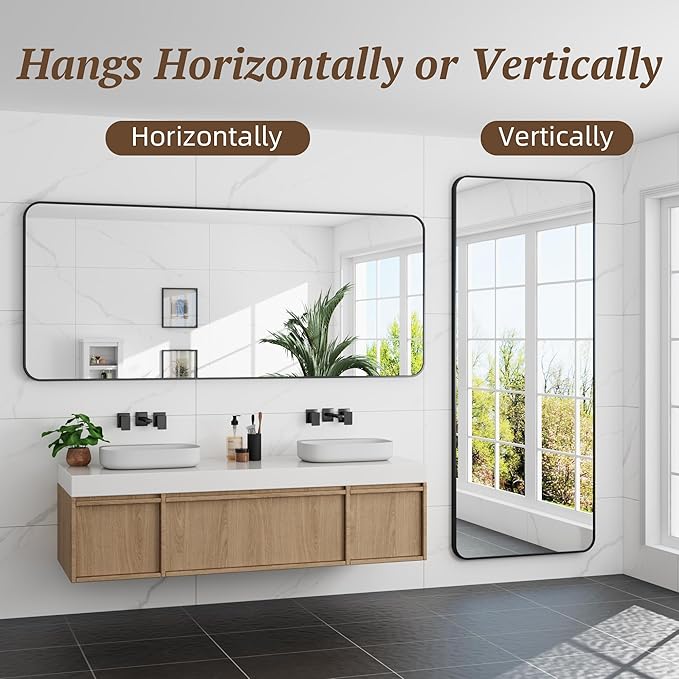 Bathroom Mirror 72" x 30", Large Rectangle Wall Mirror, Black Metal Frame Wall Mounted Mirrors for Bathroom, Vanity, Bedroom, Entryway Decor(Horizontal/Vertical)