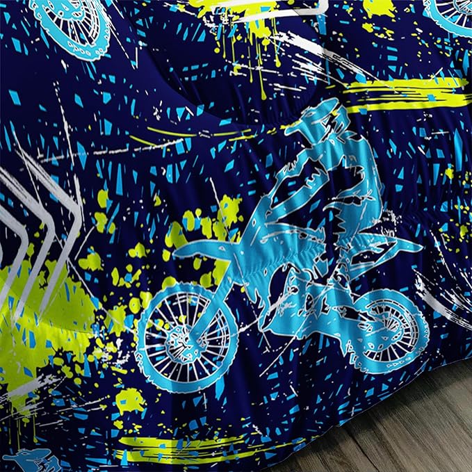 Axolotl Boys Dirt Bike Bedding Set Twin,Dirt Bike Comforter Set,Extreme Sports Tie Dye Bedding Set Motor Biker,Motocross Rider Comforter Set for Boys Kids Teens Men,1 Quilt 2 Pillowcases,Blue Green