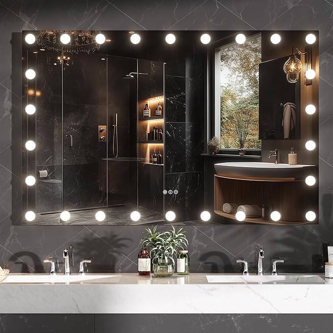 Hasipu LED Bathroom Mirror with Lights, 55" x 36" Hollywood Wall-Mounted Bathroom Mirror with 26 Dimmable Bulbs, 3 Colors Modes, Touch Control, Anti-Fog, Memory Function, Shatter-Proof, ETL Listed