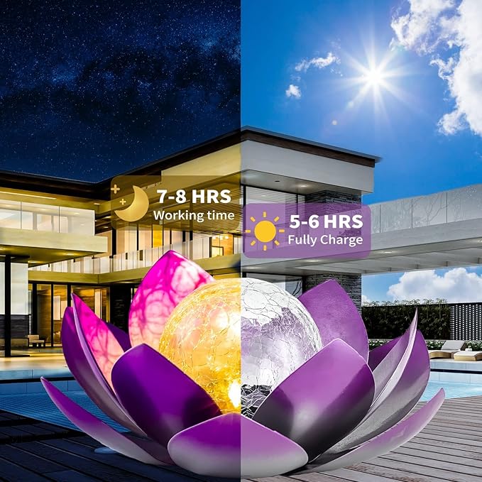 Solar Light Outdoor(2Pack), Art Crackle Globe Glass Lotus Decoration, Solar LED Waterproof Purple Metal Flower Lights for Patio,Lawn,Walkway,Tabletop