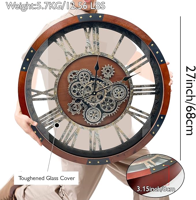 DORBOKER 27" Original Moving Gears Wall Clock, Large Industrial Wall Clock for Living Room Decor, Retro Metal Solid Wood Vintage Farmhouse Steampunk Rustic Clocks for Wall Decor,Black Walnut