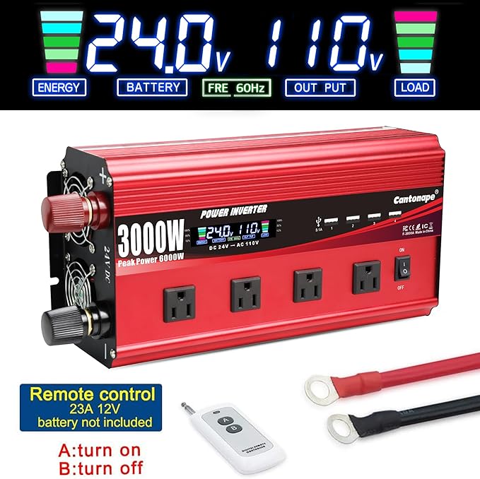 3000W Power Inverter 24V to 110V/120V DC to AC with LCD Display, Remote Controller 4 x AC Outlets and 4 x 3.1A USB Car Adapter for Car Truck Boat RV Solar System
