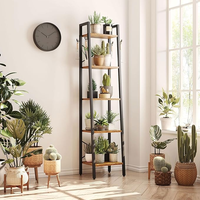 YMYNY 5 Tiers Ladder Bookcase, Industrial Narrow Bookshelf, Open Display Rack with 4 S Hooks, Metal Storage Shelves for Bedroom, Home Office, Living Room, Rustic Brown, 63H*13.4L*11.8W, UHBC025H