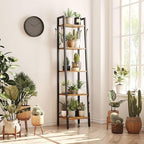 YMYNY 5 Tiers Ladder Bookcase, Industrial Narrow Bookshelf, Open Display Rack with 4 S Hooks, Metal Storage Shelves for Bedroom, Home Office, Living Room, Rustic Brown, 63H*13.4L*11.8W, UHBC025H